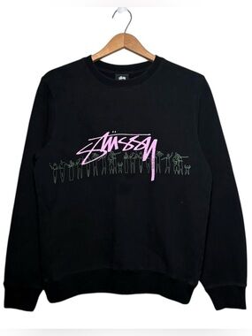 Stussy People Stripe Logo Surf Wear Crewneck Sweatshirt Black
